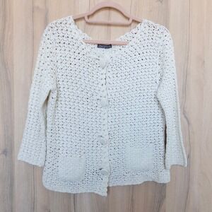 VTG French Postcards Womens Crochet Cardigan Size L Cream Cottage Boho Coastal